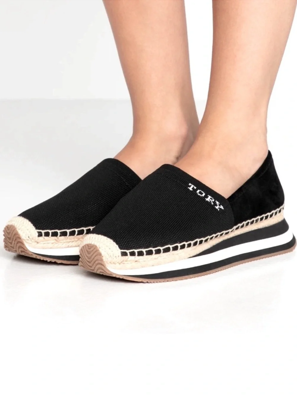 TORY BURCH Suede Leather Espadrille Daisy Black Slip On Trainers Sneakers 9